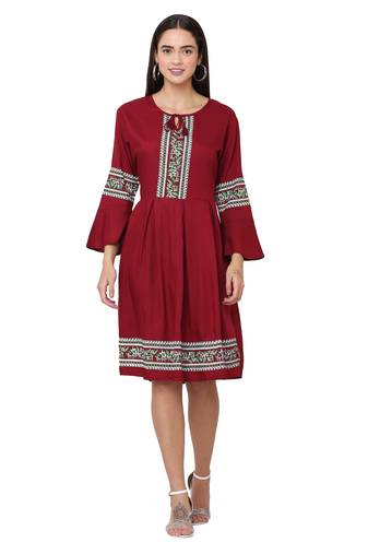 PAVONINE Maroon Color Rayon Fabric Printed Short Midi