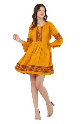 PAVONINE Mustard Color Rayon Fabric Printed Short Midi 1