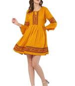 PAVONINE Mustard Color Rayon Fabric Printed Short Midi