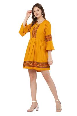 PAVONINE Mustard Color Rayon Fabric Printed Short Midi 3