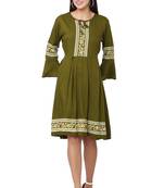 PAVONINE Mehandi Green Color Rayon Fabric Printed Short Midi