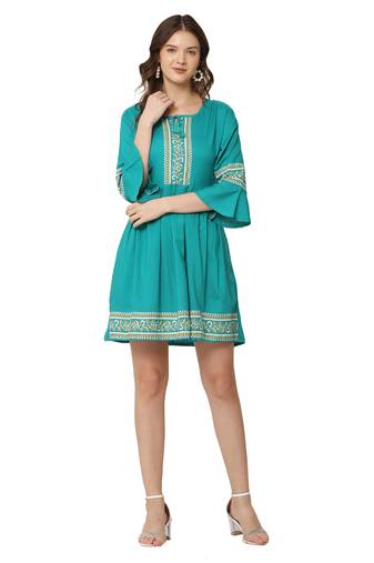 PAVONINE Rama Color Rayon Fabric Printed Short Midi