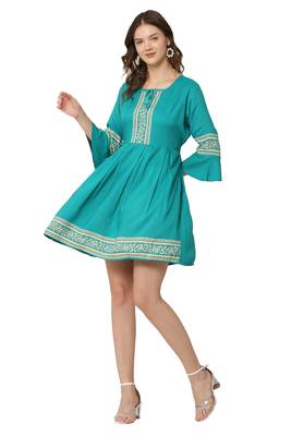 PAVONINE Rama Color Rayon Fabric Printed Short Midi 4