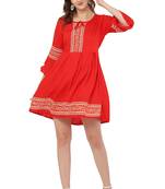 PAVONINE Red Color Rayon Fabric Printed Short Midi