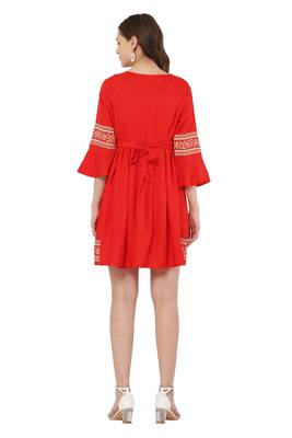 PAVONINE Red Color Rayon Fabric Printed Short Midi 2