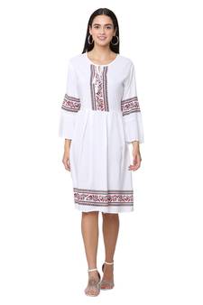 PAVONINE White Color Rayon Fabric Printed Short Midi