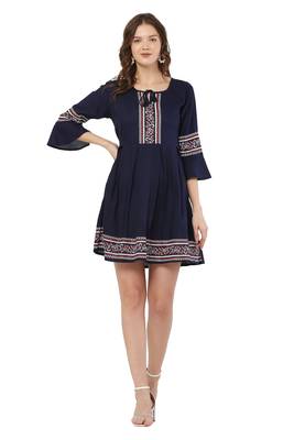 PAVONINE Navy Blue Color Rayon Fabric Printed Short Midi 1