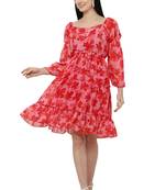 PAVONINE Red Color Flower Notch Midi Dress