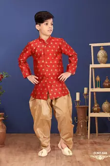 Boy's Red Jacquard Silk Kurta Dhoti Set