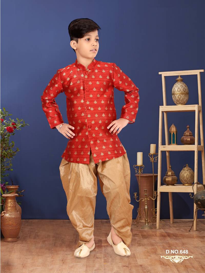 Boy's Red Jacquard Silk Kurta Dhoti Set