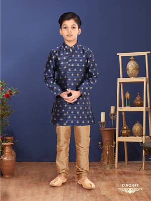 Boy's Blue Jacquard Silk Kurta Churidar Set 6