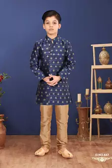 Boy's Blue Jacquard Silk Kurta Churidar Set