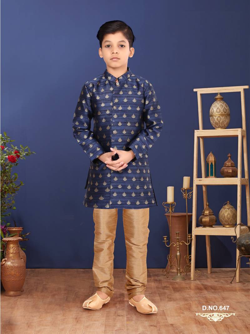 Boy's Blue Jacquard Silk Kurta Churidar Set