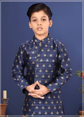 Boy's Blue Jacquard Silk Kurta Churidar Set 1