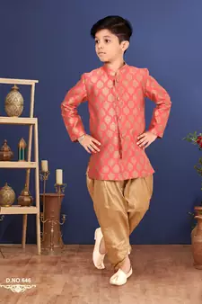 Boy's Peach Jacquard Silk Kurta Dhoti Set