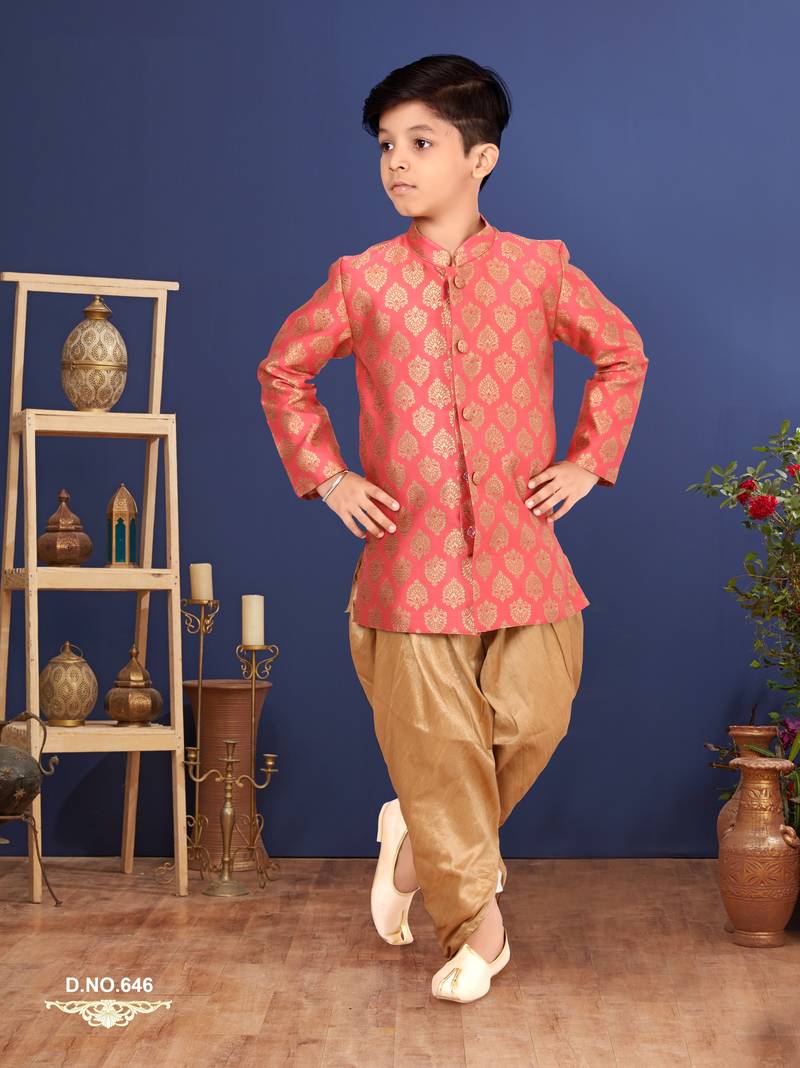 Boy's Peach Jacquard Silk Kurta Dhoti Set