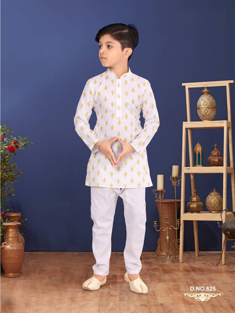 Boy's Off White Cotton Printed Kurta Churidar