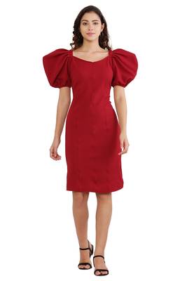 PAVONINE Maroon Color Puff Sleeves Bodycon Dress 1