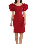 PAVONINE Maroon Color Puff Sleeves Bodycon Dress