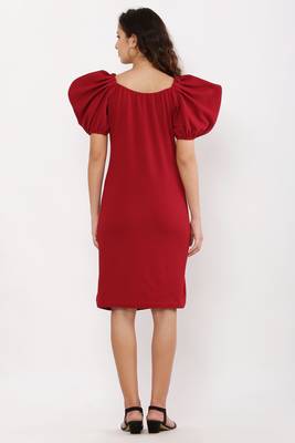 PAVONINE Maroon Color Puff Sleeves Bodycon Dress 2