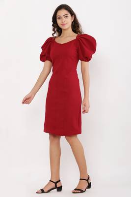 PAVONINE Maroon Color Puff Sleeves Bodycon Dress 3
