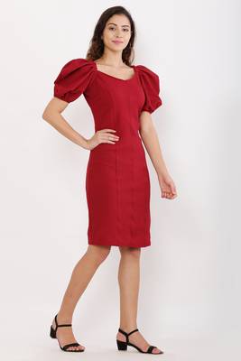 PAVONINE Maroon Color Puff Sleeves Bodycon Dress 4