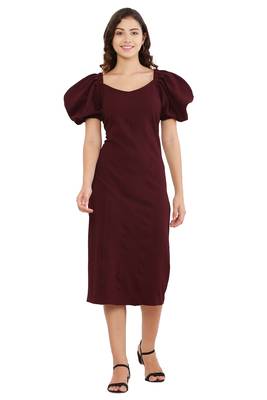 PAVONINE Wine Color Puff Sleeves Bodycon Dress 1