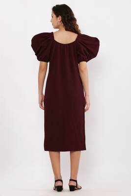 PAVONINE Wine Color Puff Sleeves Bodycon Dress 2