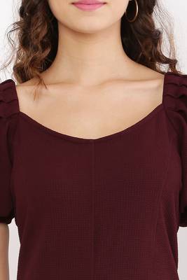 PAVONINE Wine Color Puff Sleeves Bodycon Dress 3