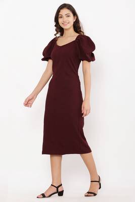 PAVONINE Wine Color Puff Sleeves Bodycon Dress 4