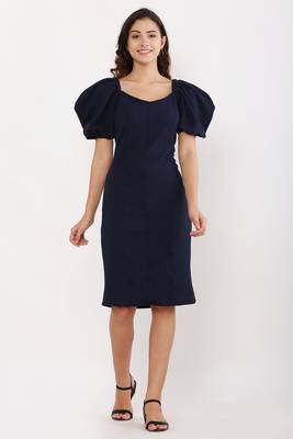 PAVONINE Navy Blue Color Puff Sleeves Bodycon Dress 1