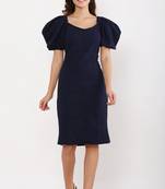 PAVONINE Navy Blue Color Puff Sleeves Bodycon Dress