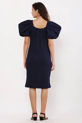 PAVONINE Navy Blue Color Puff Sleeves Bodycon Dress 2