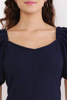 PAVONINE Navy Blue Color Puff Sleeves Bodycon Dress 3
