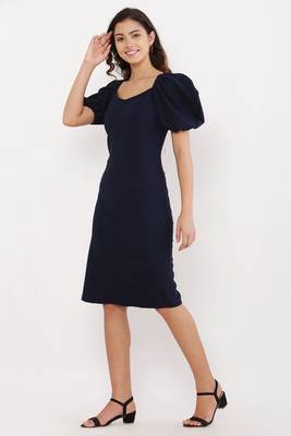 PAVONINE Navy Blue Color Puff Sleeves Bodycon Dress 4