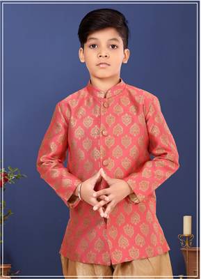 Boy's Peach Jacquard Silk Kurta Dhoti Set 7