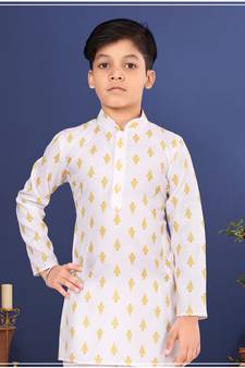 Boy's Off White Cotton Printed Kurta Churidar