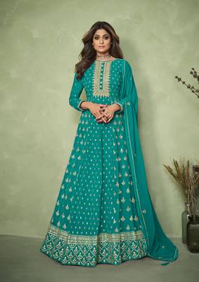 Sea-green embroidered faux georgette salwar 1