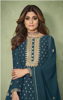 Dark-teal embroidered faux georgette salwar 2
