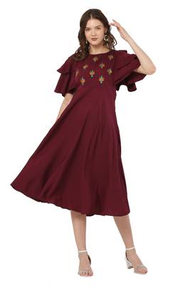 PAVONINE Maroon Color Crepe Fabric Embroidery Dress 1