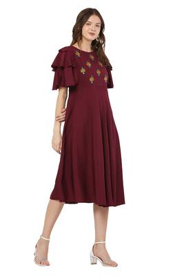 PAVONINE Maroon Color Crepe Fabric Embroidery Dress 4