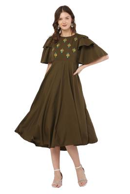 PAVONINE Mehandi Green Color Crepe Fabric Embroidery Dress 1