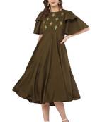 PAVONINE Mehandi Green Color Crepe Fabric Embroidery Dress