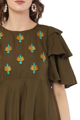 PAVONINE Mehandi Green Color Crepe Fabric Embroidery Dress 3