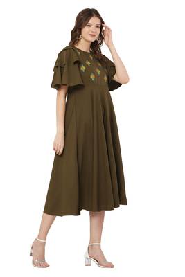 PAVONINE Mehandi Green Color Crepe Fabric Embroidery Dress 4