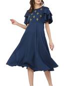 PAVONINE Navy Blue Color Crepe Fabric Embroidery Dress