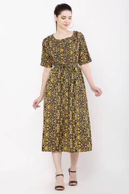 PAVONINE Yellow Color Flower Micro Print Dress 1