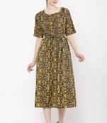 PAVONINE Yellow Color Flower Micro Print Dress