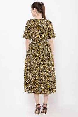 PAVONINE Yellow Color Flower Micro Print Dress 2