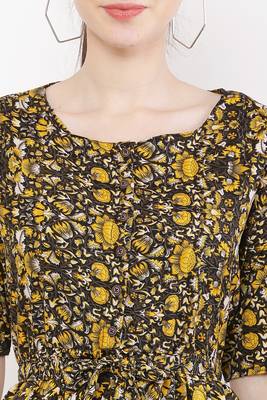 PAVONINE Yellow Color Flower Micro Print Dress 3